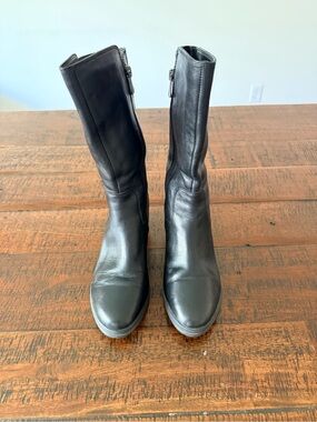 Bata Flexible Classic Black Leather Mid-Calf Heeled Boots